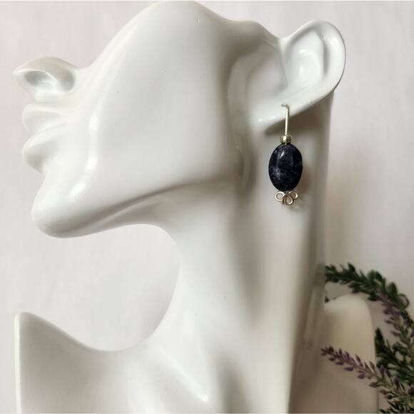 Blue Sodalite Stone Wire-Wrapped Dangle Earrings / Minimalist Gemstone Earrings - Picture 3 of 15